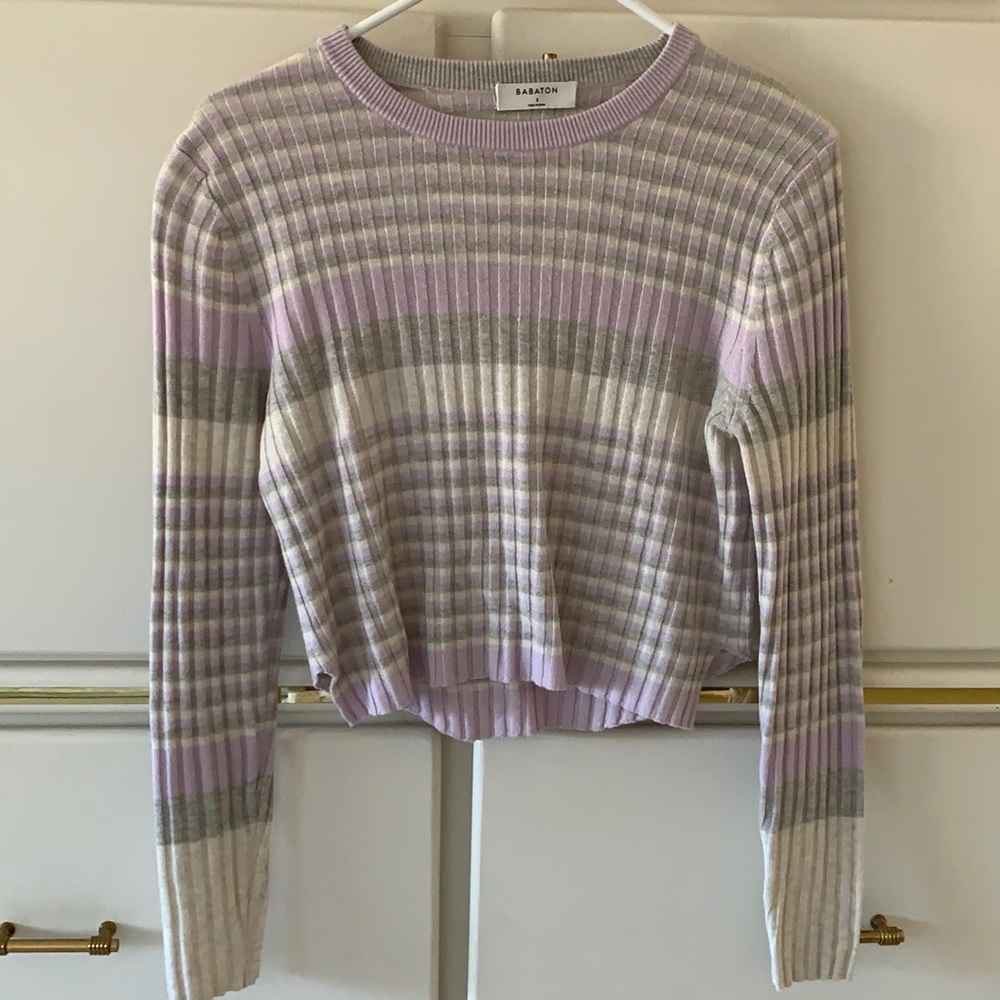 Aritzia striped sweater - slightly cropped. Lavender, gray, & cream